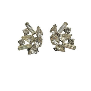 Clear Rhinestone Art Deco Style Retro Silver Tone Clip Earrings